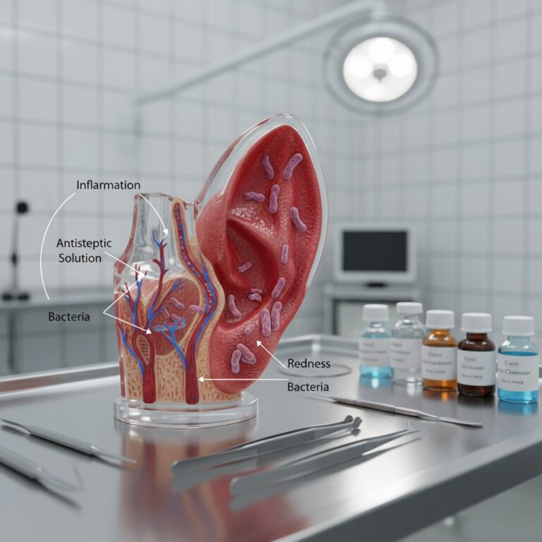 Veterinary ear model used to explain causes and treatment of dog otitis externa and ear infection symptoms