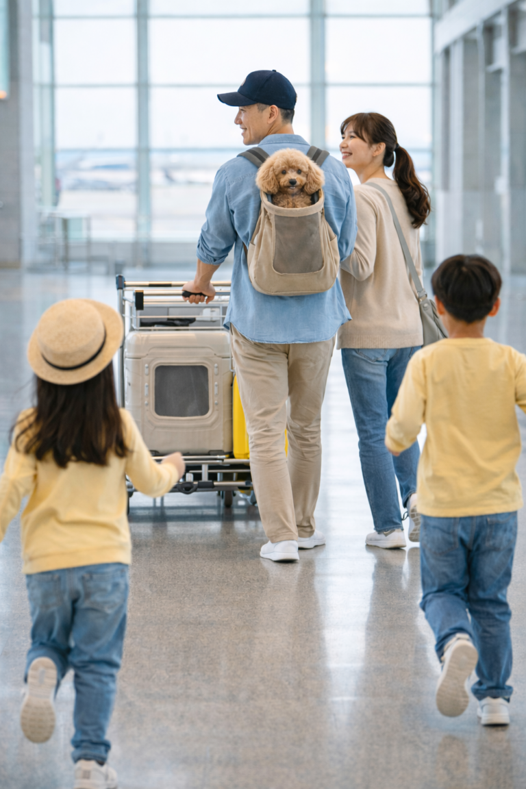 반려견을 백에 메고 공항 대차를 밀며 해외여행을 떠나는 가족이 함께 이동하는 모습, 반려동물 해외여행 준비와 항공 이동 장면