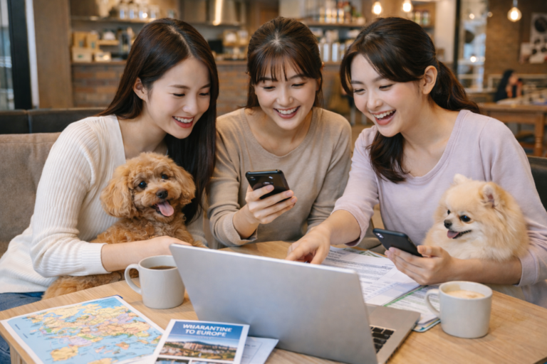 반려동물 카페에서 반려견과 함께 해외여행 준비를 하며 항공 운송 절차와 검역 서류 정보를 검색하는 여성 보호자들이 여행 지도를 펼쳐 의논하는 모습