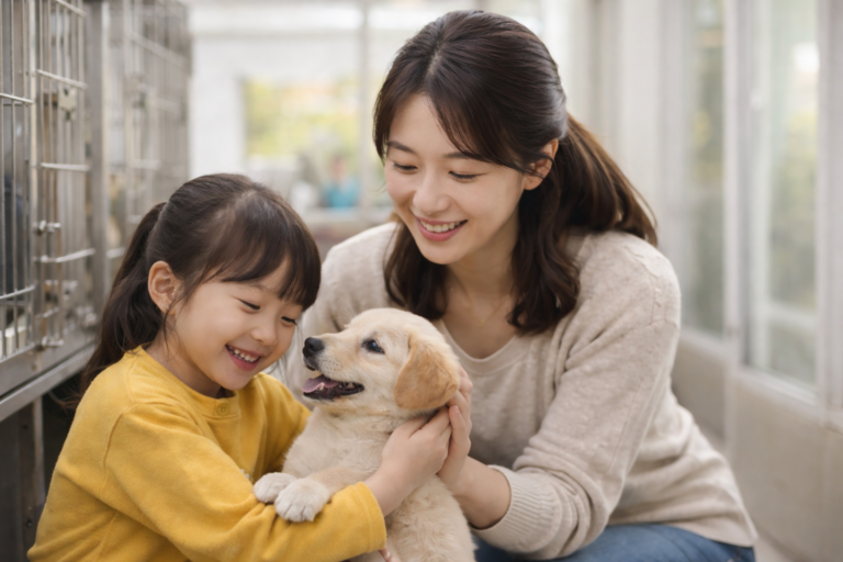 유기견 보호소에서 엄마와 아이가 입양할 강아지를 보고 기뻐하는 모습