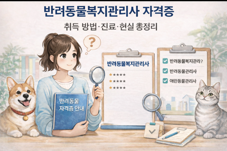 반려동물복지관리사 자격증 취득 방법과 진로를 설명하는 안내 이미지, 반려견과 반려묘 일러스트 포함