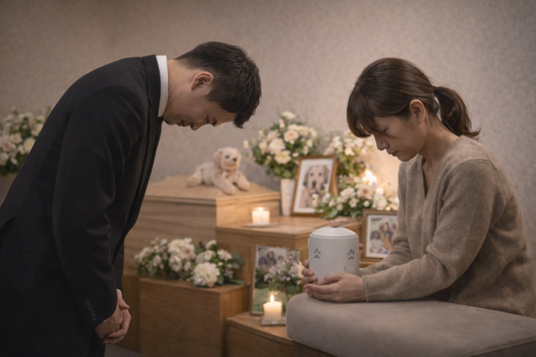 반려동물 장례지도사가 추모 공간에서 슬픈 보호자에게 공손히 위로를 전하는 모습