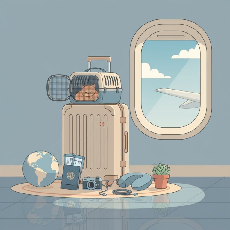 반려동물 해외여행 검역 절차(6개월 전 준비~인천공항 발급)를 상징하는 여행 가방 이미지