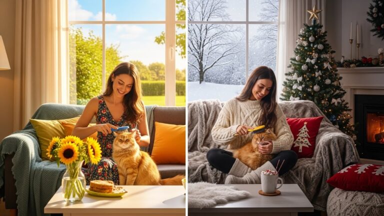 Cat shedding care routine including brushing and seasonal coat management