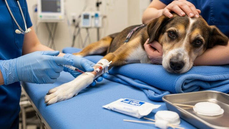 A dog receiving IV fluid therapy at an animal hospital with a veterinarian monitoring the treatment