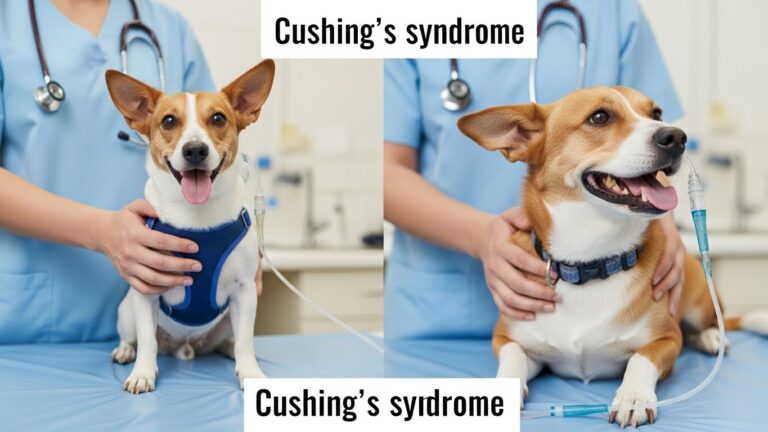 Veterinarian consulting with two small dogs about Cushing's syndrome (Hyperadrenocorticism) diagnosis and treatment