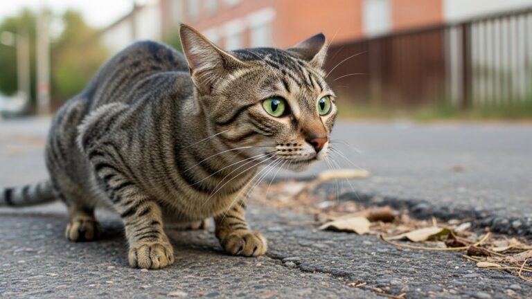 A stray cat standing on the road, alert and wary, representing how to respond safely when encountering cats on the road.