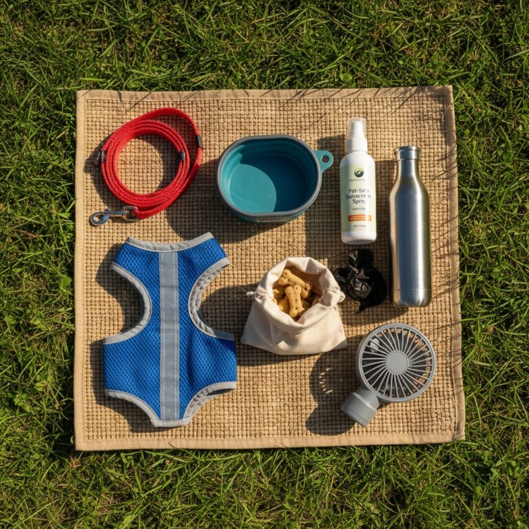 Essential items for taking a dog outdoors, including leash, harness, water bottle and travel accessories arranged neatly