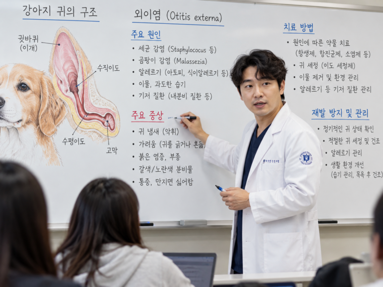 수의학 강사가 화이트보드에 강아지 외이염 원인과 증상 치료법을 설명하는 모습