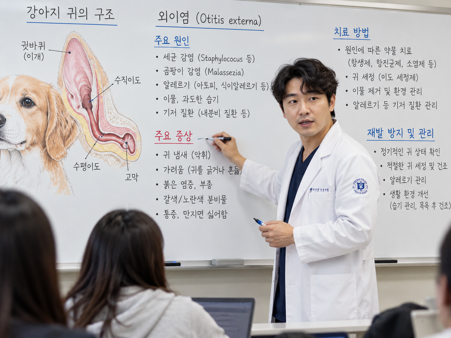 수의학 강사가 화이트보드에 강아지 외이염 원인과 증상 치료법을 설명하는 모습