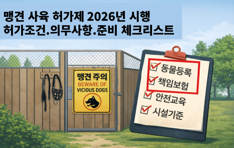 맹견 사육 허가제 2026년 시행을 앞두고 동물등록, 책임보험, 안전교육, 시설기준을 체크리스트로 정리한 안내 이미지