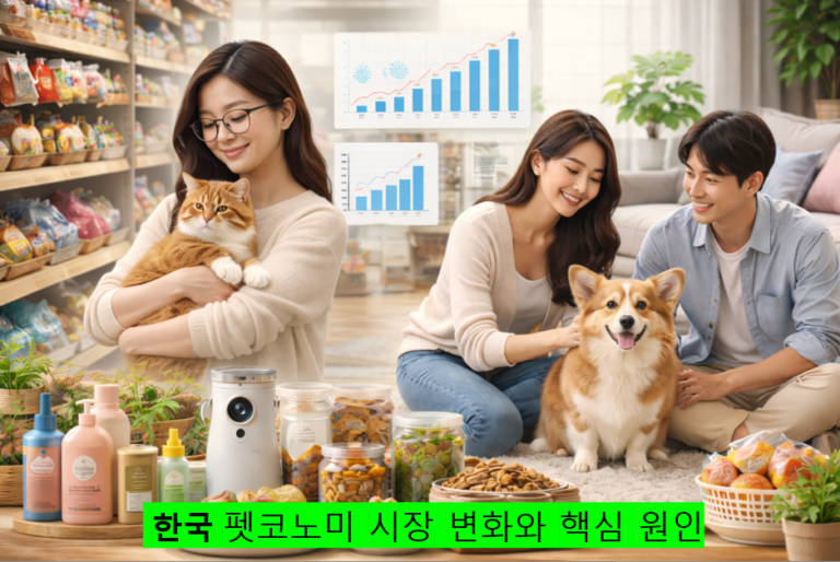 반려묘를 안은 1인가구 여성과 반려견과 교감하는 부부, 펫푸드·펫테크 제품이 함께 놓인 한국 펫코노미 시장 성장 모습