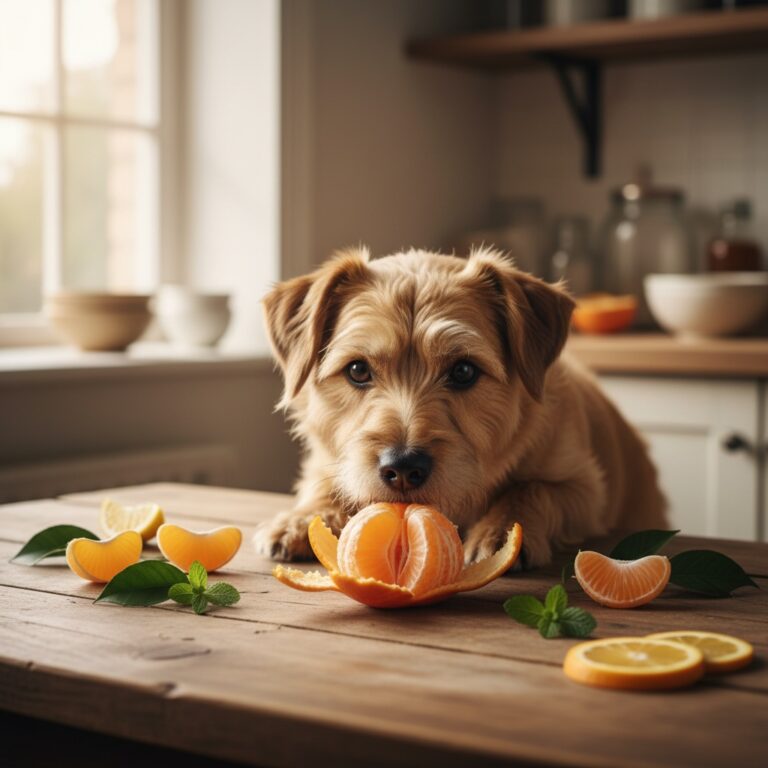 Dog eating tangerines with guidance on safe feeding and potential risks