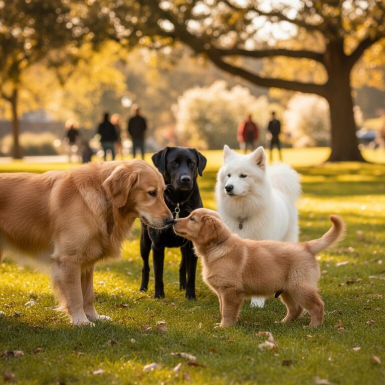 A young puppy socializing with adult dogs in a park, interacting closely during an early socialization training session