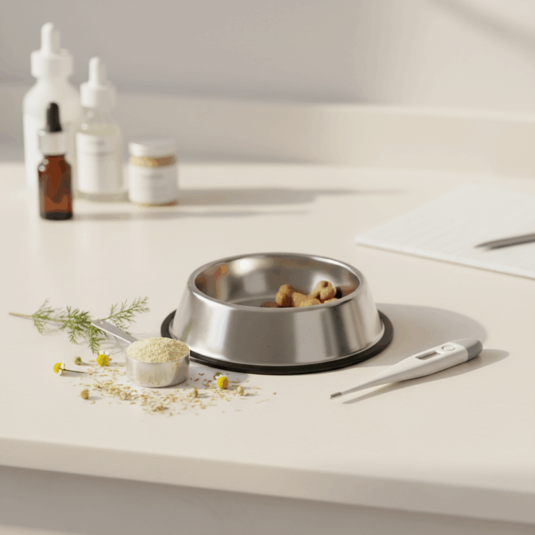 A bowl of dog food placed on a clean kitchen counter, illustrating a guide on whether dogs can safely take human digestive medicine and what to do when a dog has indigestion