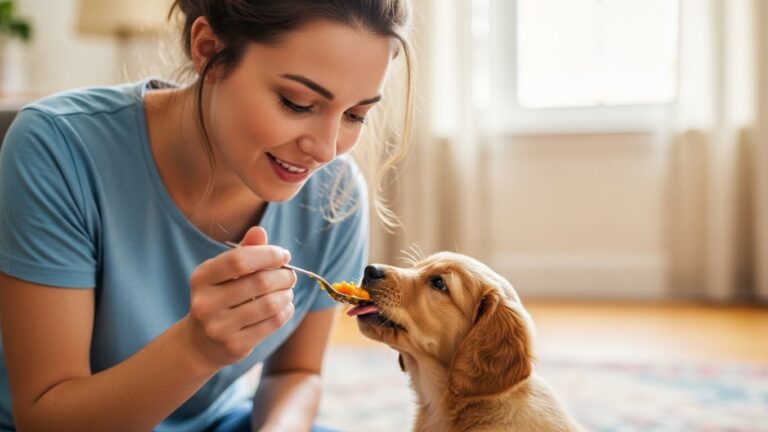 A woman feeding weaning food to a young puppy, gently supporting the pup during its early weaning stage.