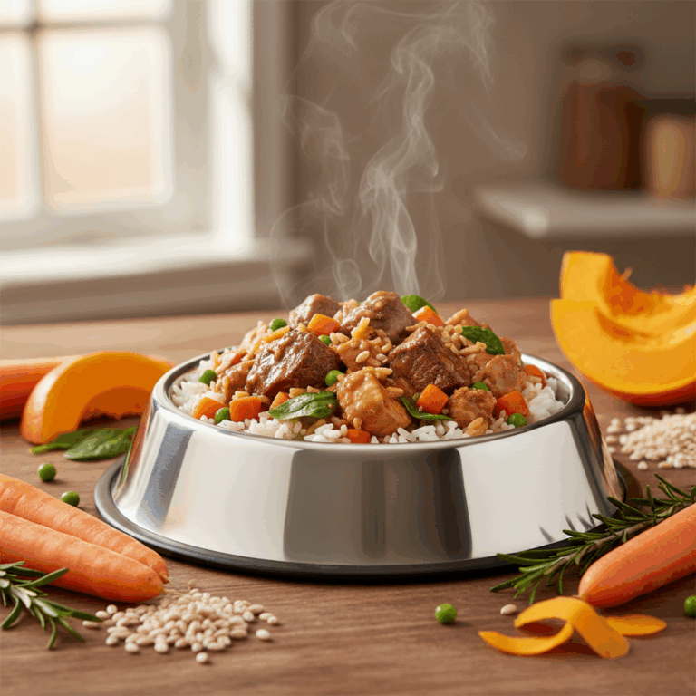 A bowl of highly palatable home-cooked wet dog food with fresh ingredients such as pumpkin, showing a nutritious and appetizing meal option for dogs.