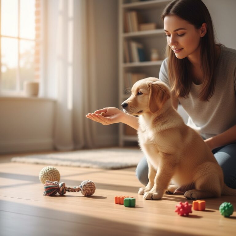 A woman training a young puppy indoors, guiding basic obedience with toys during early-stage puppy training